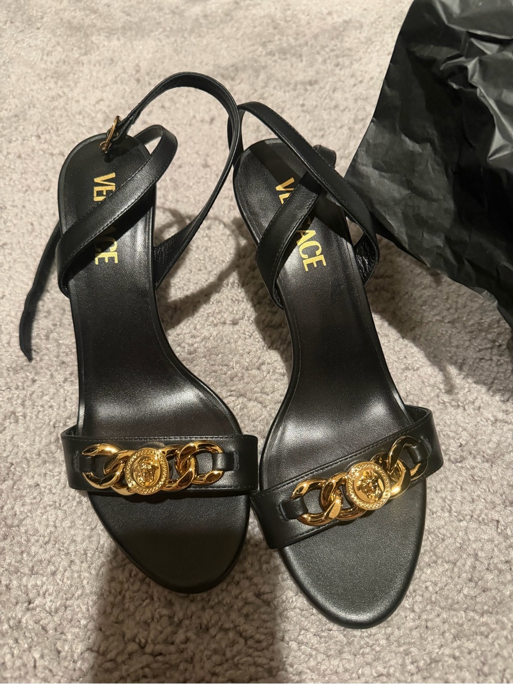 Versace Black Leather Sandals with Gold Medusa Chain